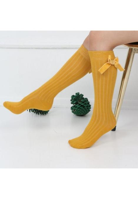 Șosete fetițe 3/4, bumbac, cu fundiță decorativă- galben muștar,Engros